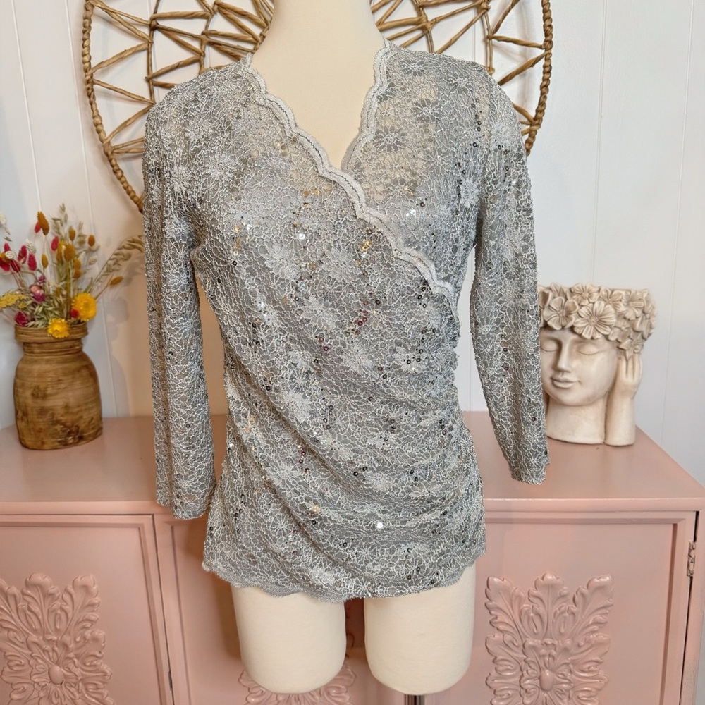 MSK Silver Lace faux wrap Women's Blouse‎
